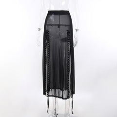 Sheer mesh see through lace up slit solid maxi dress  | samba dress