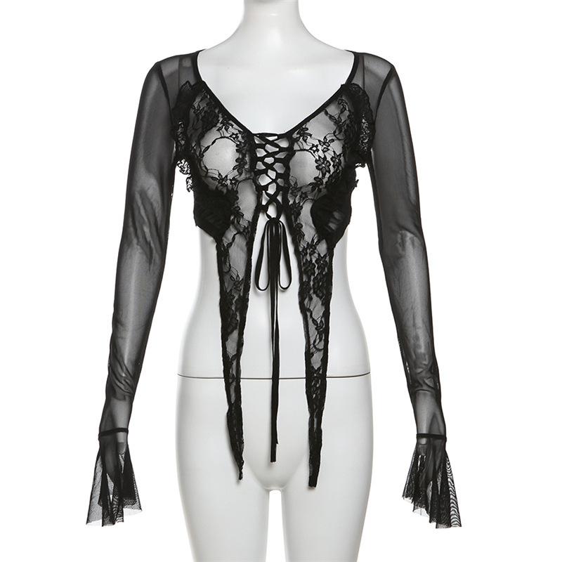 Long flared sleeve mesh see through lace up crop top