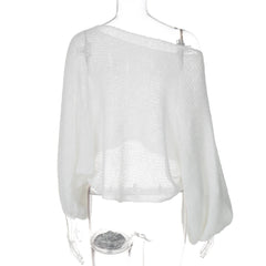 Long puff sleeve knitted one shoulder see through top