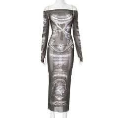 Long sleeve off shoulder abstract mesh maxi dress