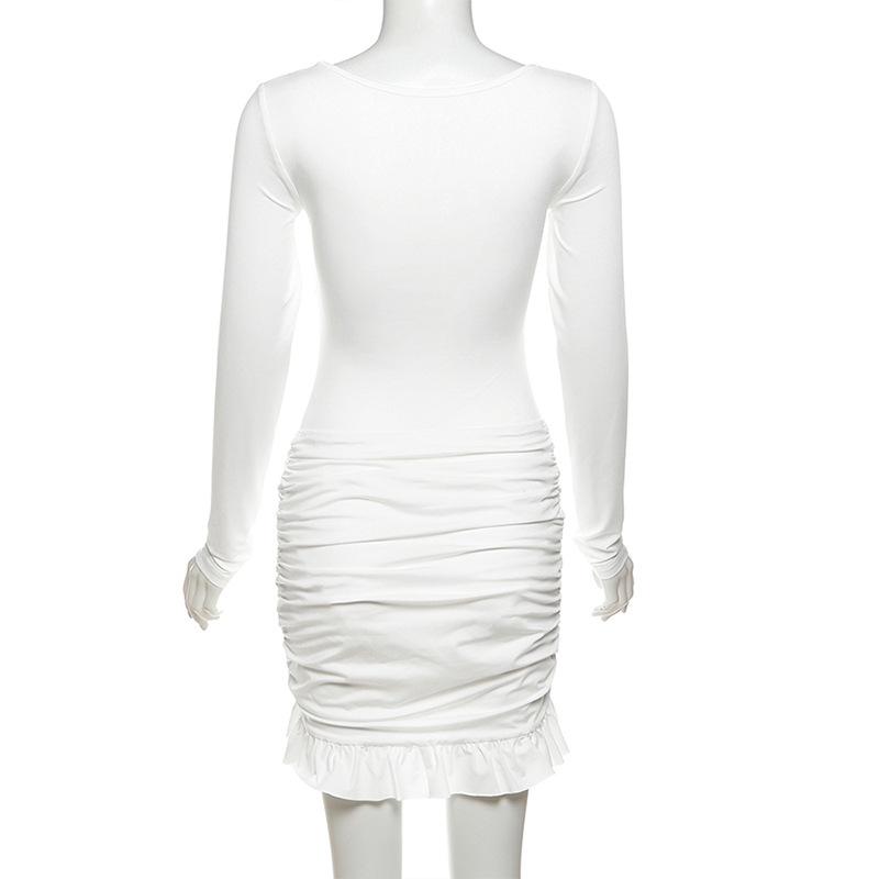 Long sleeve u neck ruched ruffle mini skirt set