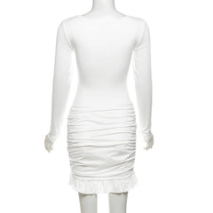 Long sleeve u neck ruched ruffle mini skirt set