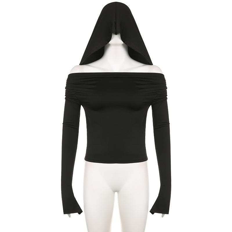 Cowl neck solid long flared sleeve hoodie 2-way top
