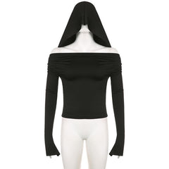 Cowl neck solid long flared sleeve hoodie 2-way top