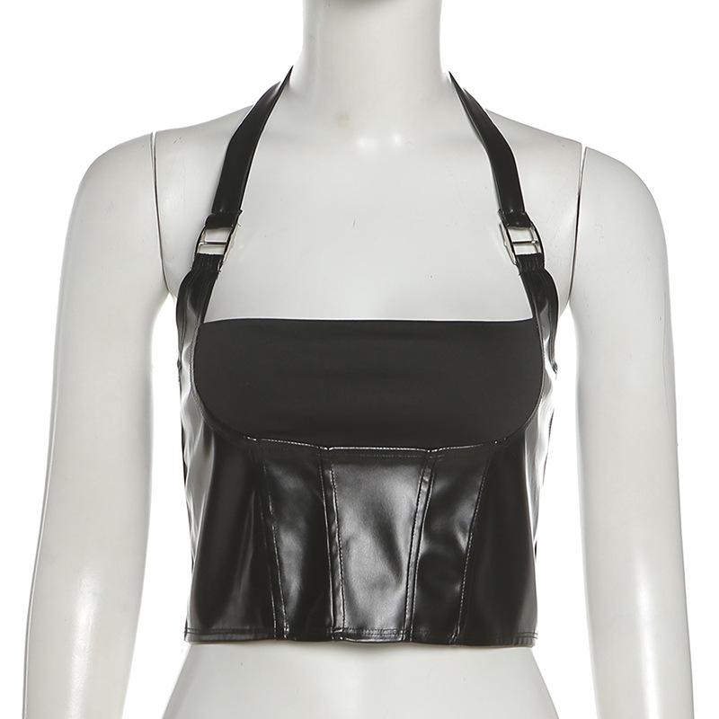 Halter PU leather buckle zip-up stitch solid top