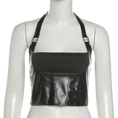 Halter PU leather buckle zip-up stitch solid top