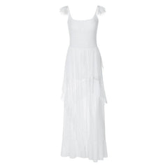 Ruched ruffle square neck sheer mesh cami maxi dress  | samba dress