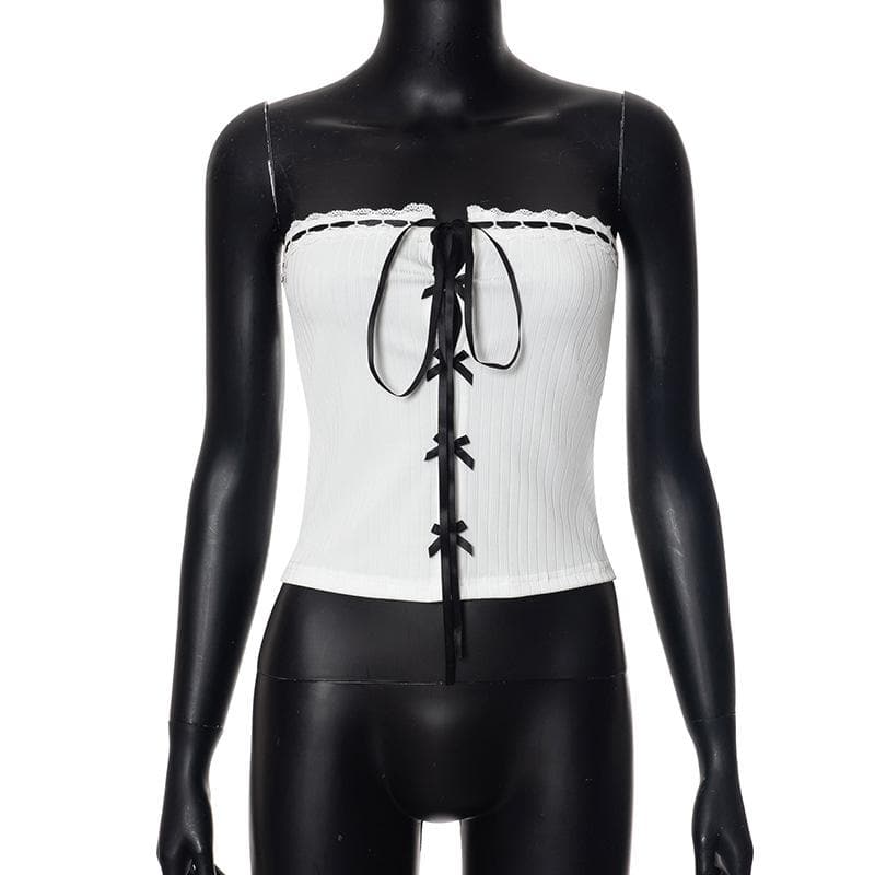Bowknot ribbon ribbed lace hem backless tube top