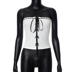 Bowknot ribbon ribbed lace hem backless tube top