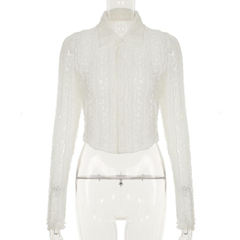 Long sleeve turnover collar lace button top