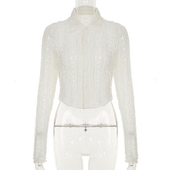 Long sleeve turnover collar lace button top