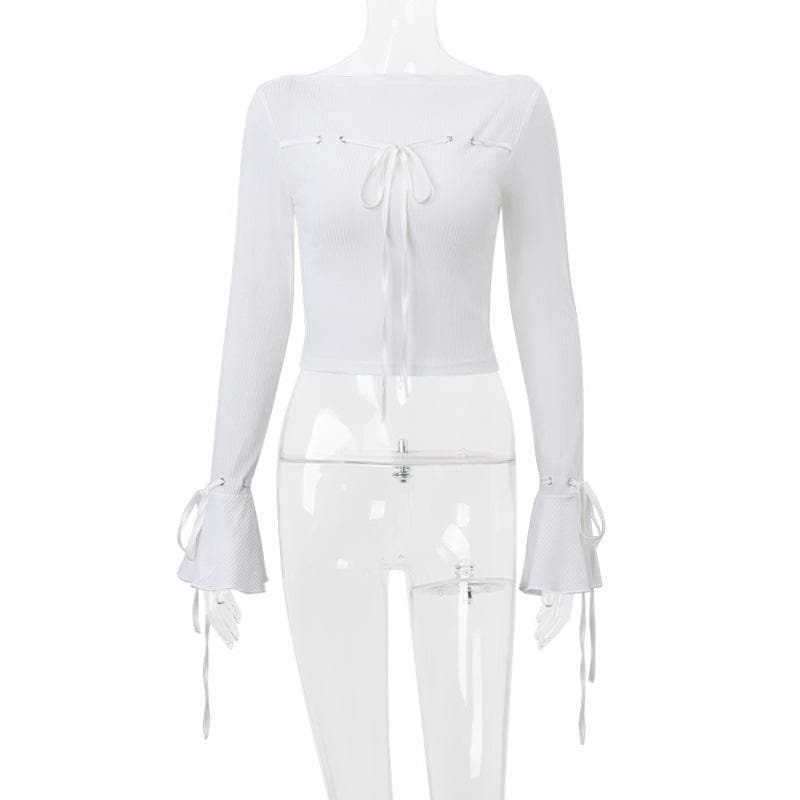 Long flared sleeve self tie stitch ribbed solid crop top