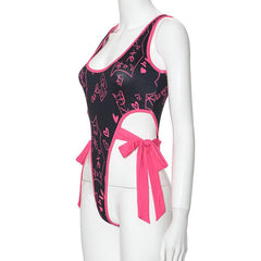 U neck print self tie hollow out tank bodysuit