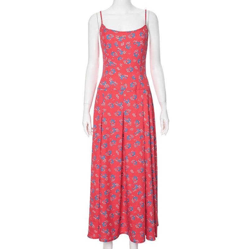 Flower print zip-up u neck cami maxi dress  | red tango dress