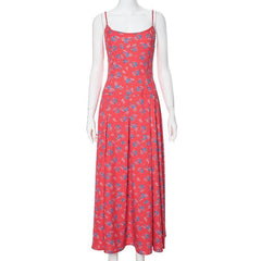 Flower print zip-up u neck cami maxi dress  | red tango dress
