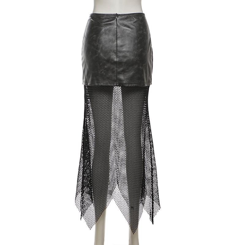 PU leather fishnet patchwork button maxi skirt