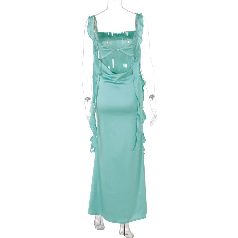 Cowl neck ruffle satin solid backless cami maxi dress