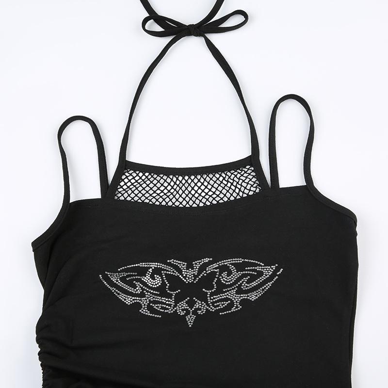 Halter fishnet beaded drawstring ruched cami top