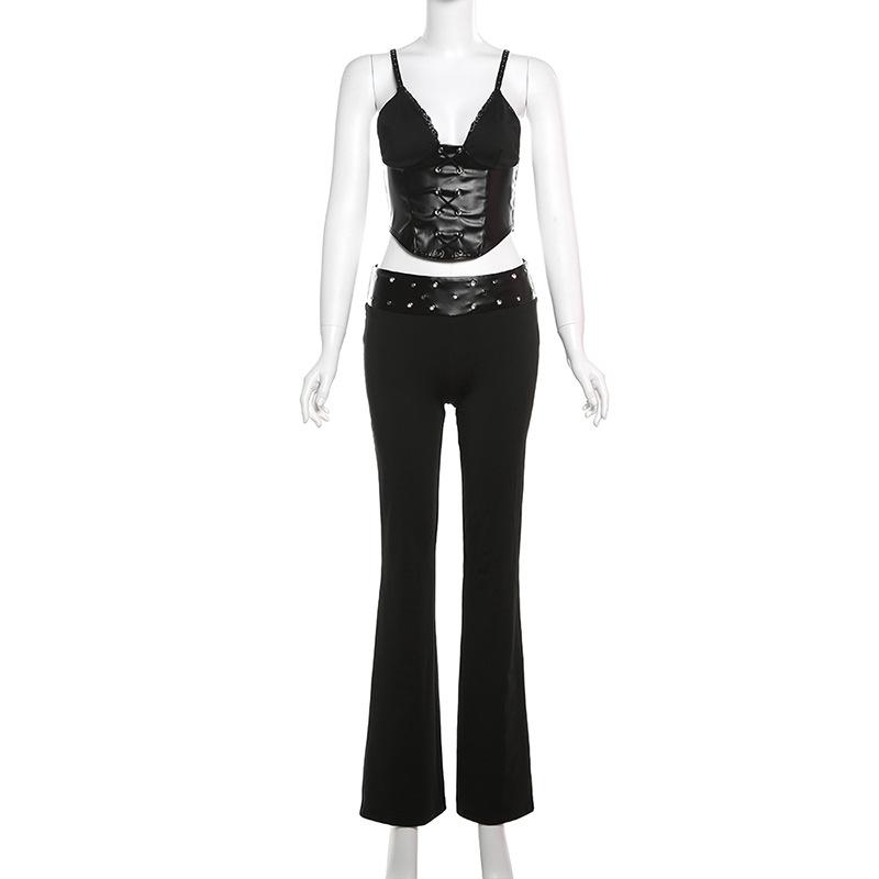 V neck PU leather lace up cami pant set