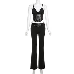 V neck PU leather lace up cami pant set