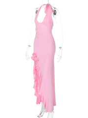 Halter flower applique ruffle ruched slit knotted maxi dress
