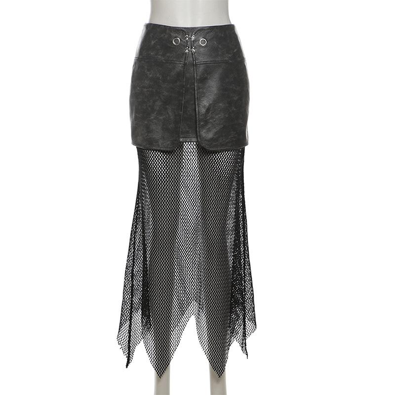 PU leather fishnet patchwork button maxi skirt