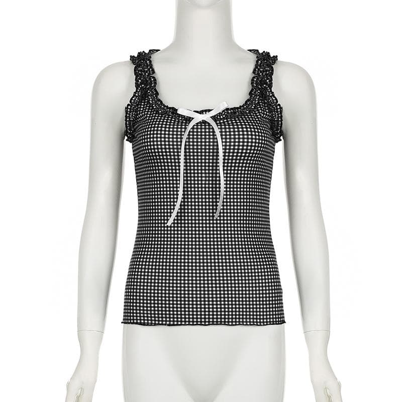 U neck plaid bowknot ruffle contrast ribbon tank top