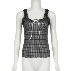 U neck plaid bowknot ruffle contrast ribbon tank top