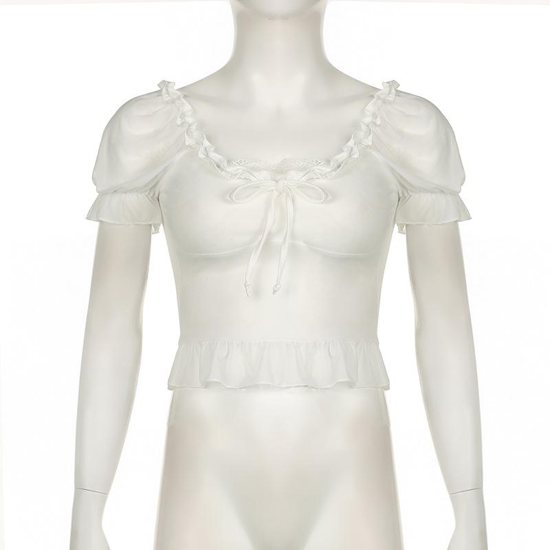 Short puff sleeve ruffle ruched knotted crop top