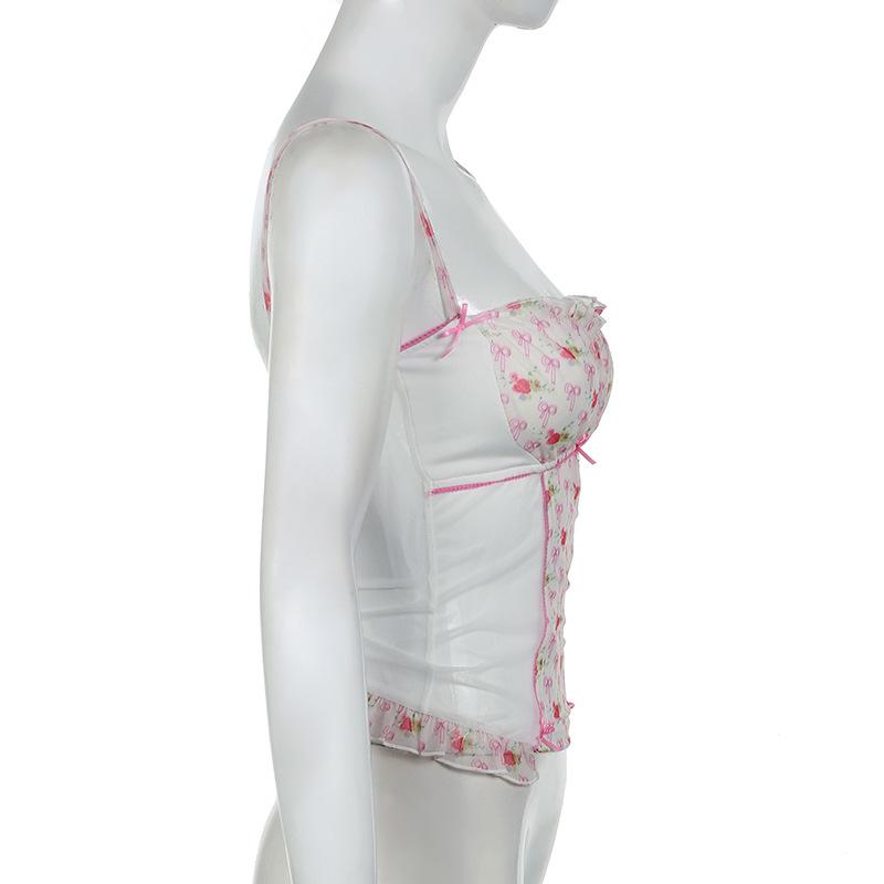 Ruffle stitch patchwork bowknot print cami top
