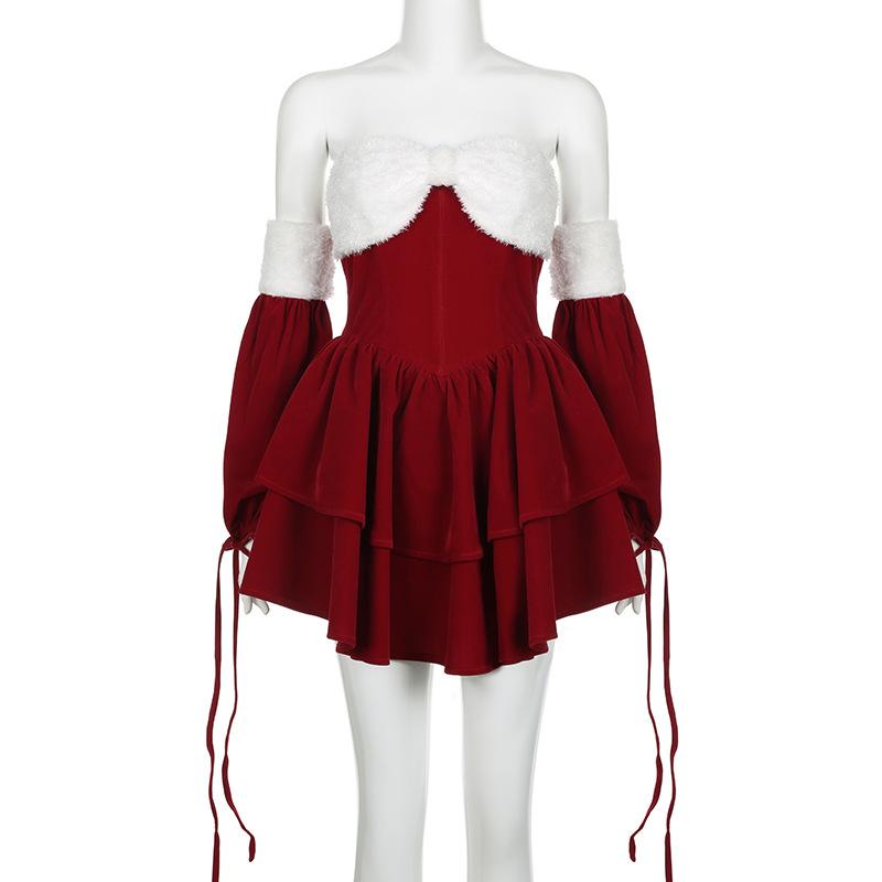 Fluffy sweetheart neck gloves fluffy self tie mini dress
