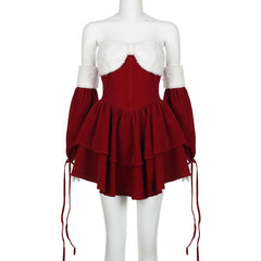 Fluffy sweetheart neck gloves fluffy self tie mini dress