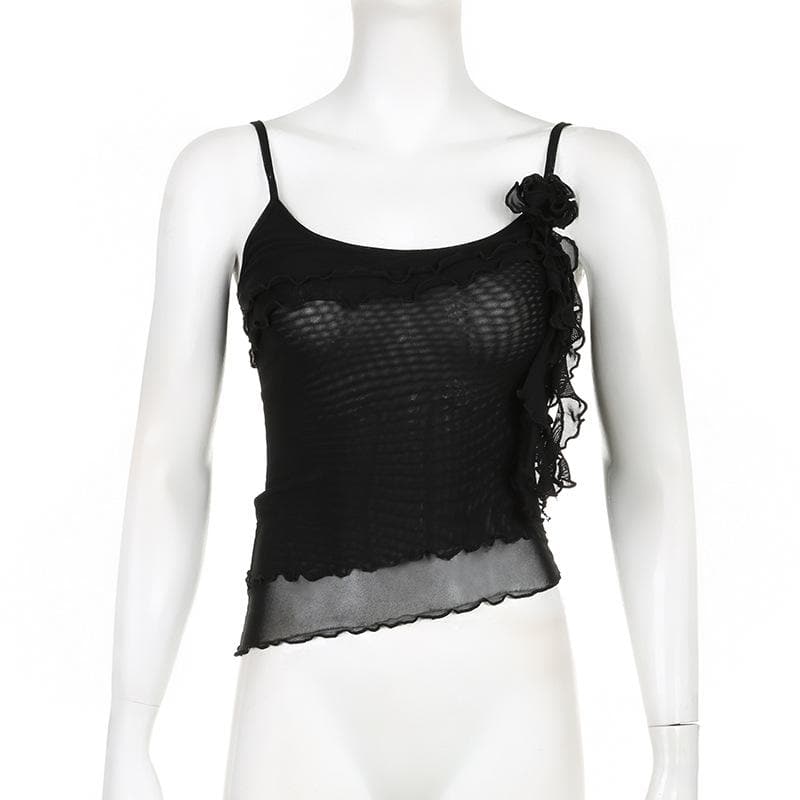 Sheer mesh flower applique ruffle u neck irregular crop top