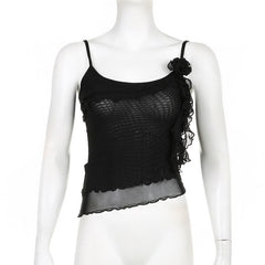 Sheer mesh flower applique ruffle u neck irregular crop top