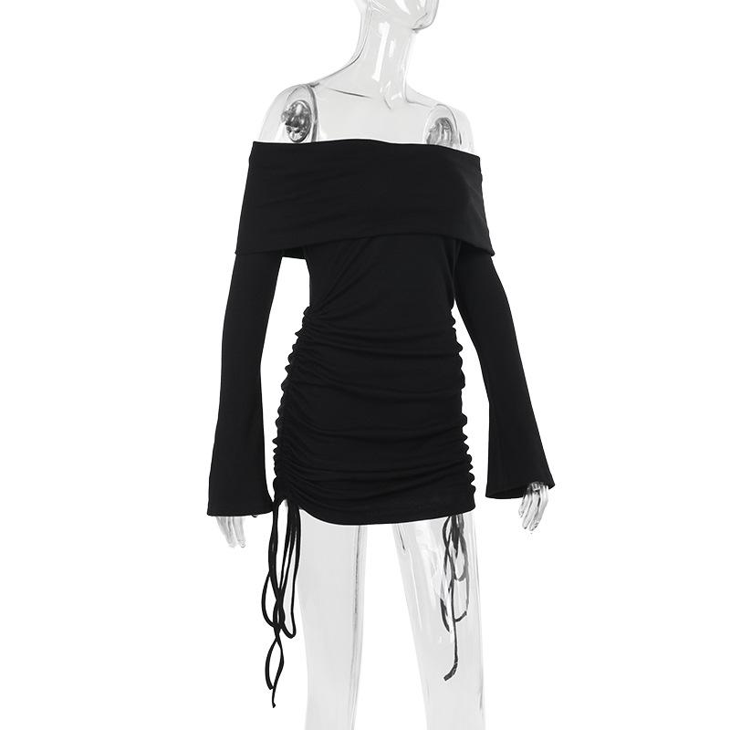 Long flared sleeve off shoulder drawstring mini dress