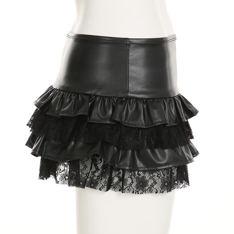 PU leather lace patchwork ruched mini skirt