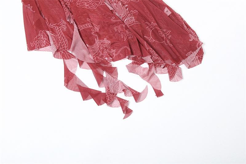Ruched mesh loong print ruffle tube midi dress  | red tango dress