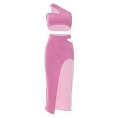 Ribbed solid one shoulder hollow out slit irregular midi dress
