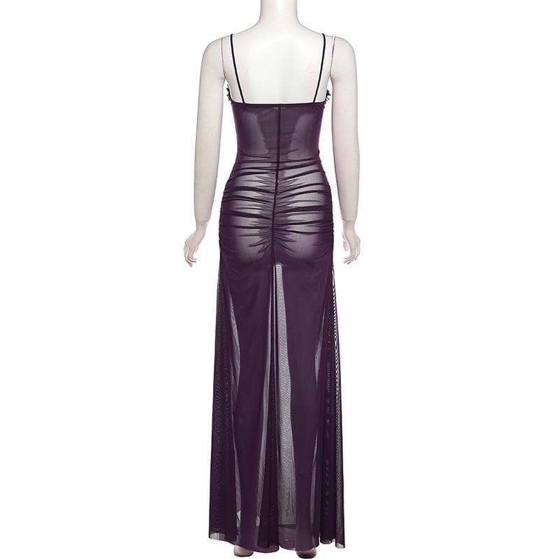 Sheer mesh hollow out ruched high slit cami cut out maxi dress  | samba dress