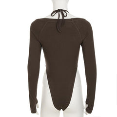 Halter long sleeve knitted self tie bodysuit
