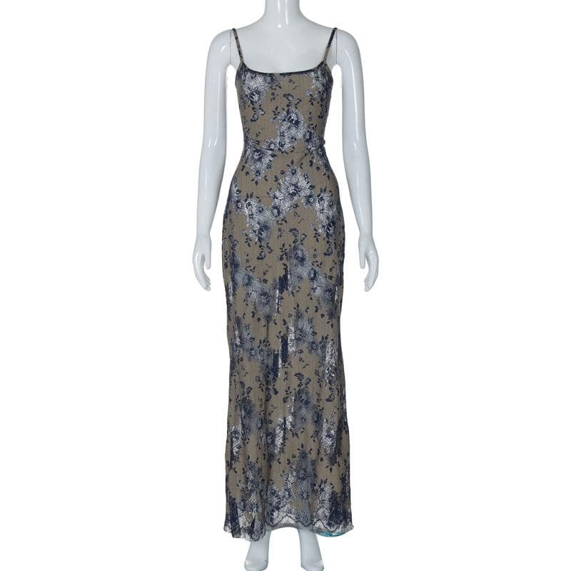 Lace backless lace up ribbon cami maxi dress