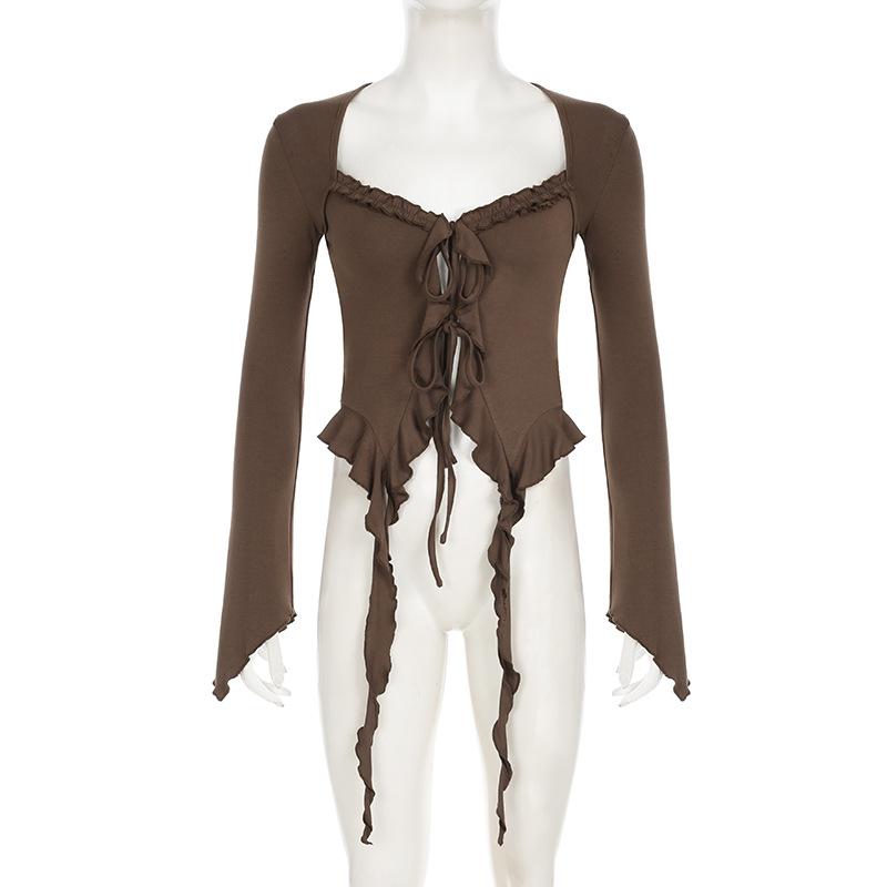 Long sleeve ruffle self tie top
