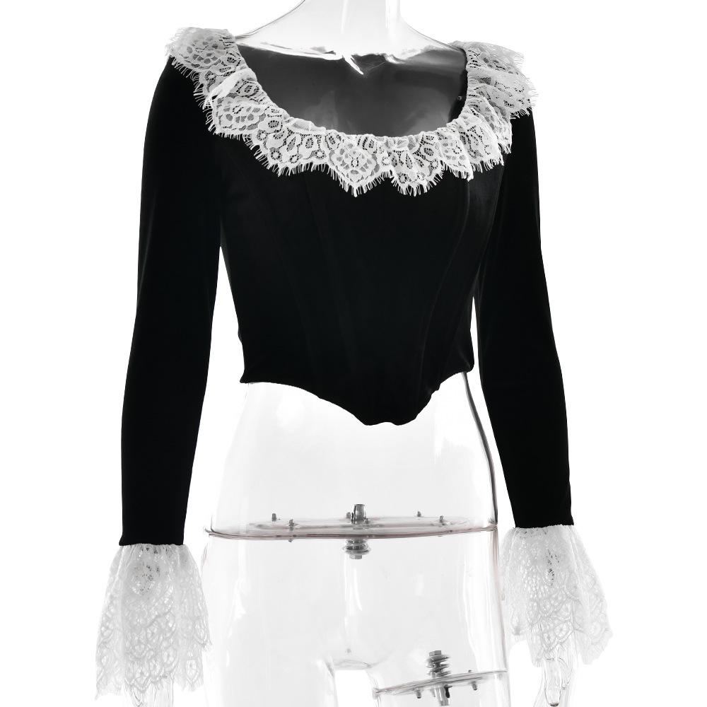 Long flared sleeve lace patchwork velvet zip-up top