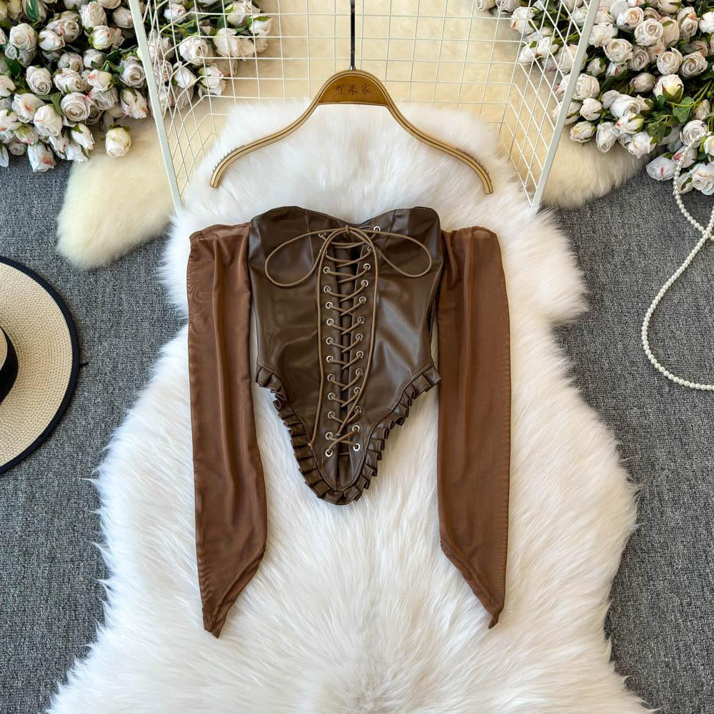 Off shoulder PU leather lace up smocked top