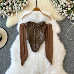 Off shoulder PU leather lace up smocked top