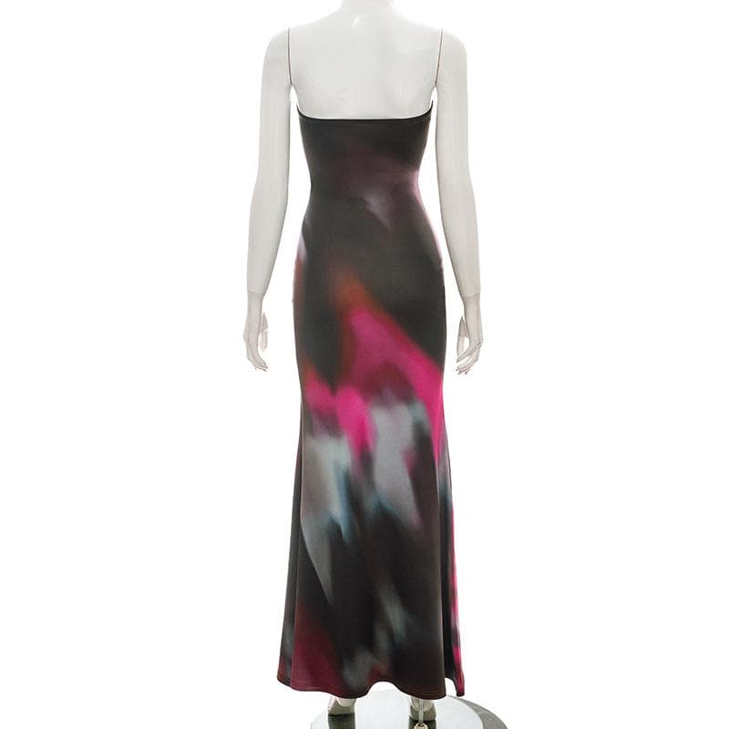 Print backless contrast tube maxi dress