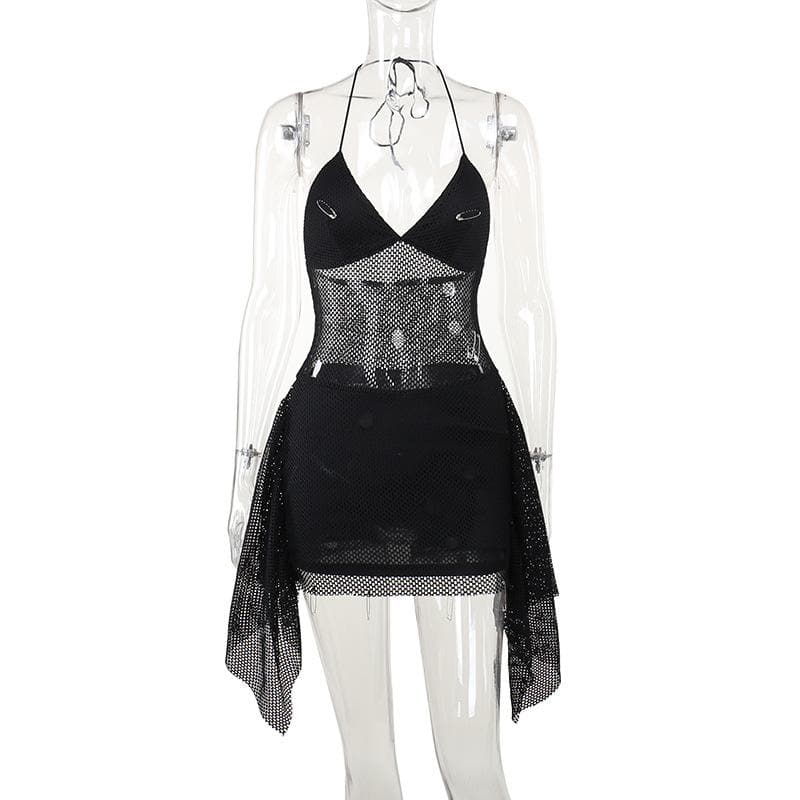 Halter ruffle see through pin applique fishnet mini dress