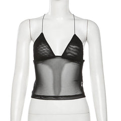 Sheer mesh butterfly applique see through backless solid top