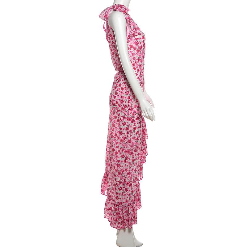 One shoulder knotted slit flower print ruffle maxi dress