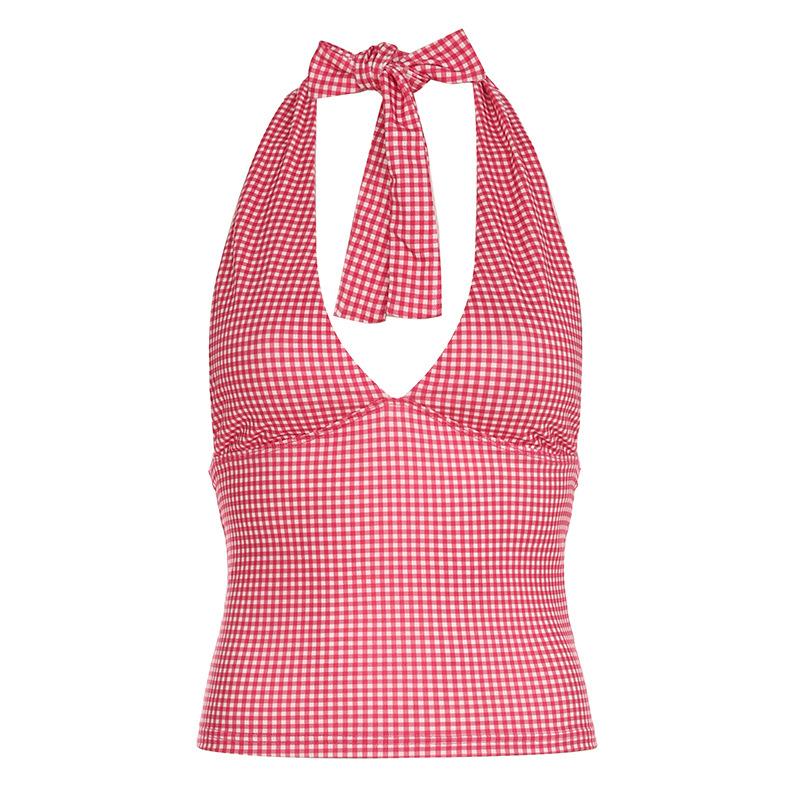 V neck halter polka dot print backless top